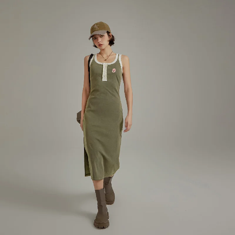 Contrast Color Button Slit Sleeveless Long Dress Tunics Timeless classic