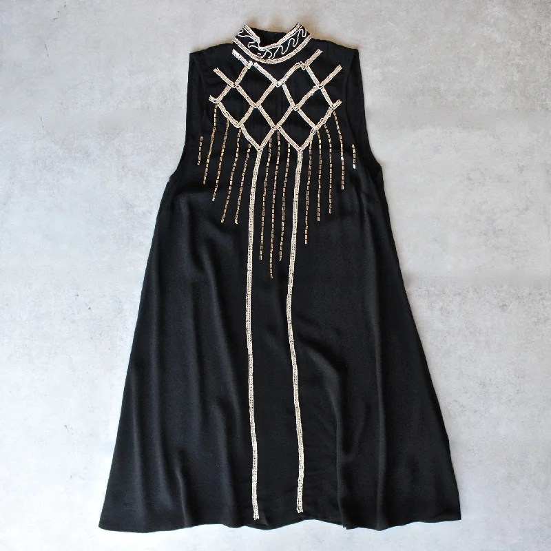 Final Sale - Minkpink - Opulent Embroidered Swing Dress in Black Cowl Neckline Elegant