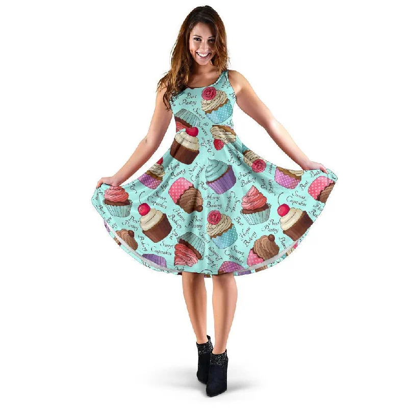 Cupcake Blue Pattern Print Dress Tunics Solid Classic