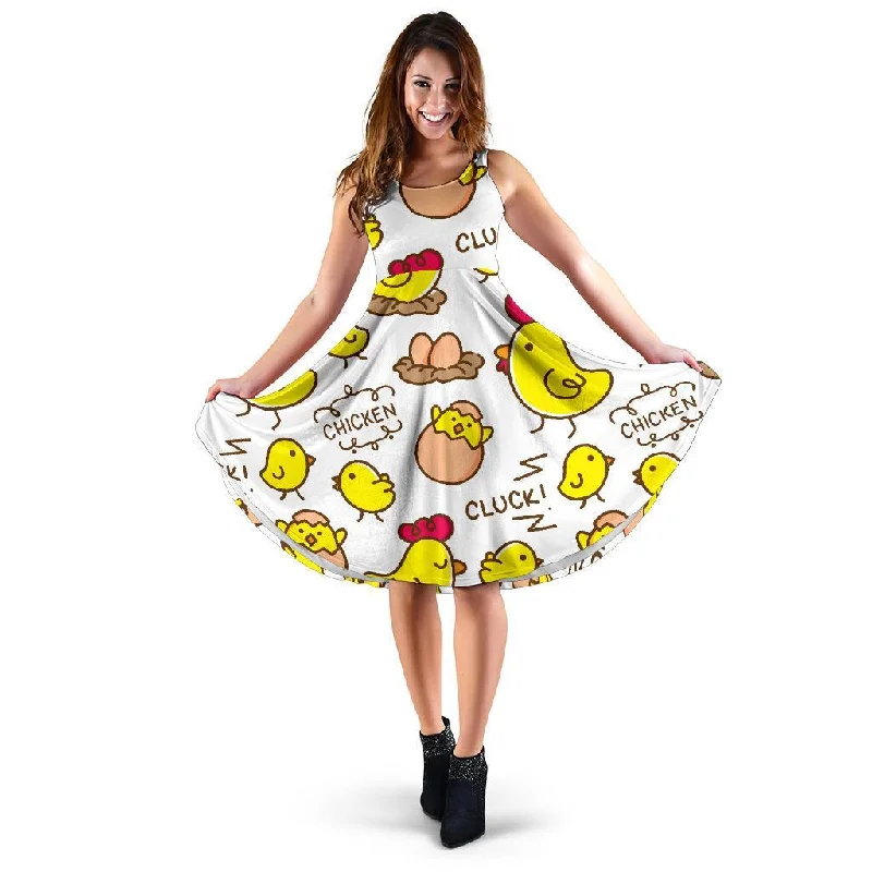 Farm Chicken Hen Chick Pattern Print Dress Crew Neckline Casual