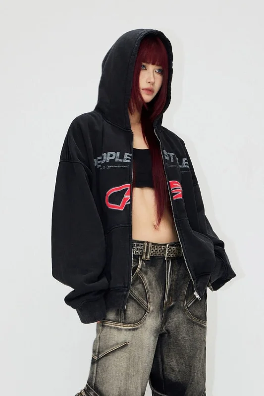 Heavyweight Embroidered Zip Hoodie Hoodie with Batwing Sleeves Loose Dramatic