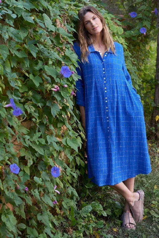 Stitched Grid Check Dress - Blue Boat Neckline Classic