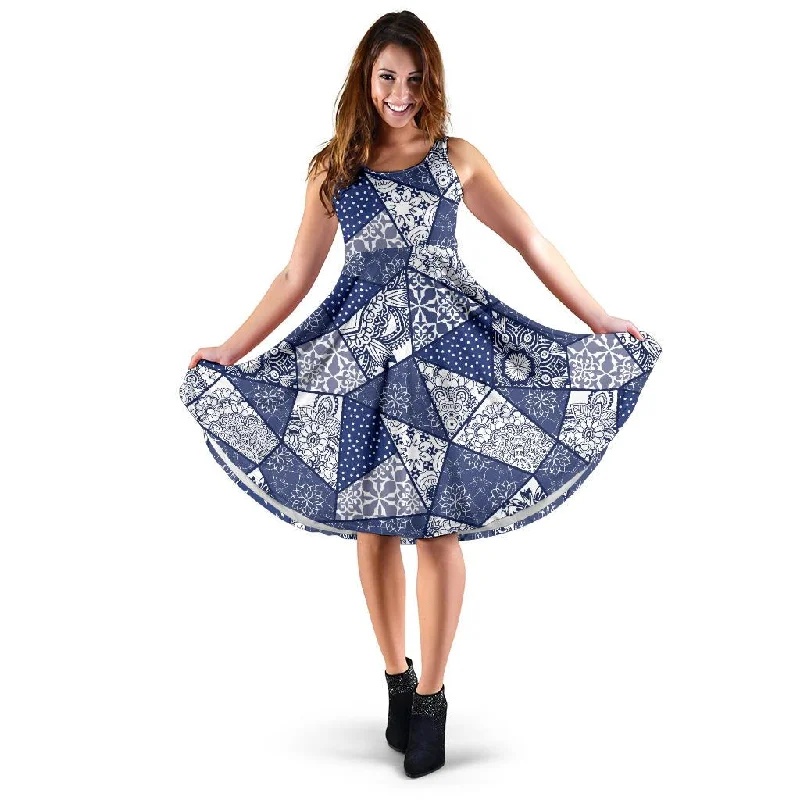 Blue Patchwork Pattern Print Dress Tunics Stylish elegant