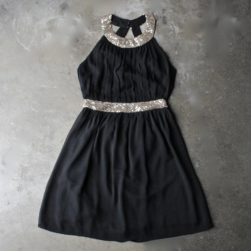 Stepping Out Pleated Halter Dress With Gold Sequin in Black Tunics Sophisticated sleek