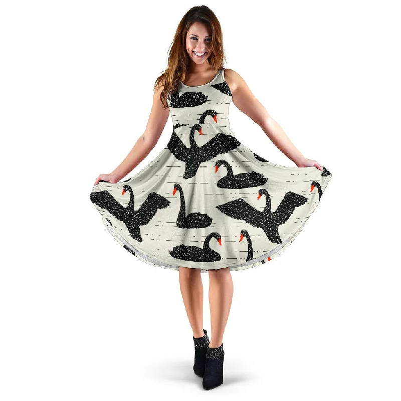 Black Swan Pattern Print Dress Cowl Neckline Elegant