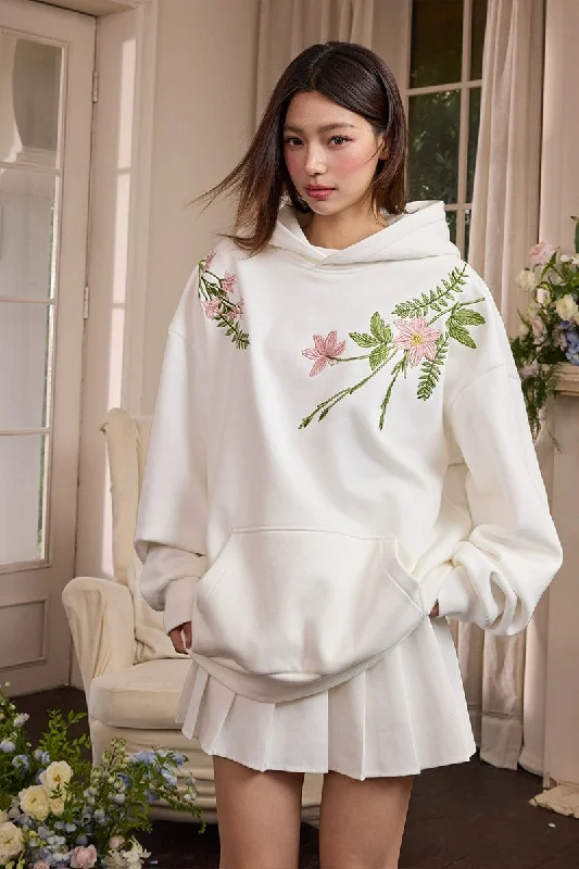 Floral Embroidery Fleece Hoodie Hoodie with Hem Detail Decorative Unique
