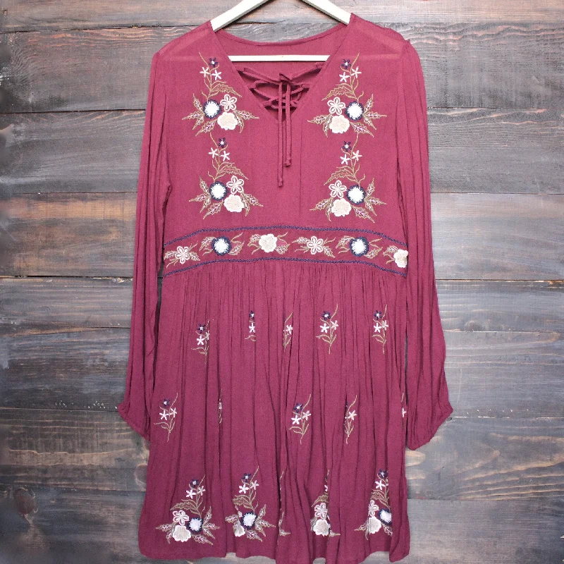 Gauzy Embroidered Boho Dress in Burgundy Tunics Bridal satin