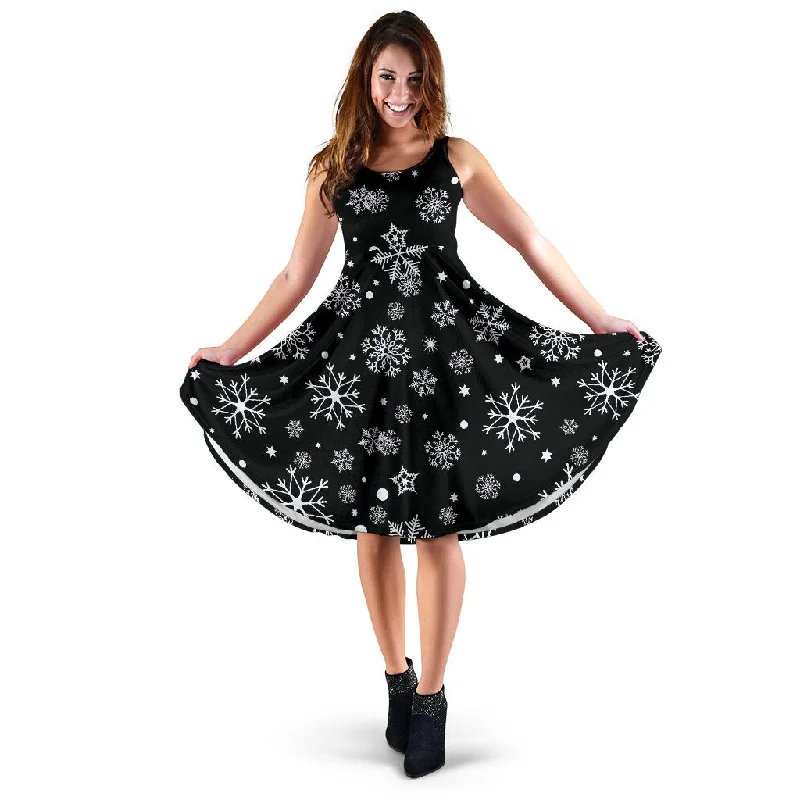 Black Snowflake Pattern Print Dress Turtleneck Warm Winter