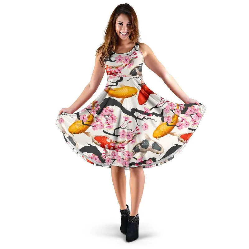 Cherry Blossom Koi Fish Pattern Print Dress Tunics Polka dots
