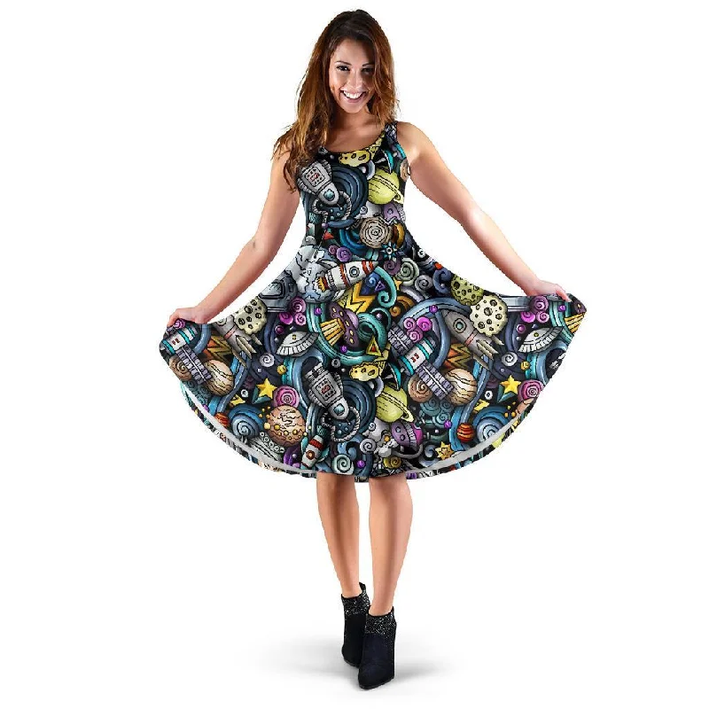 Alien Ufo Psychedelic Pattern Print Dress empire Waist empire