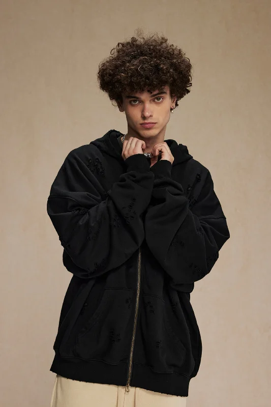 Relaxed Fit Zip-Up Hoodie Hoodie with Ribbed Neckline Snug Warm
