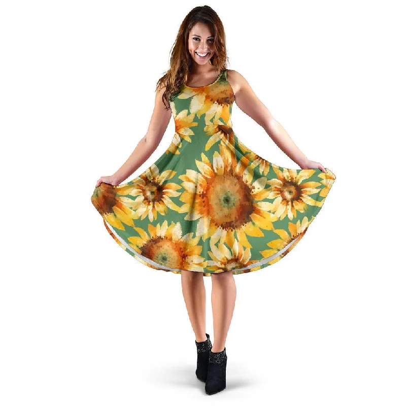 Drawing Sunflower Print Pattern Dress Tunics Trousers formal