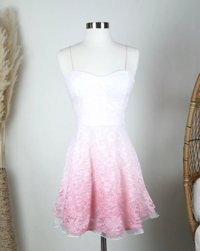 Final Sale - Glits & Glams Lacy Floral Dip Dye Fit and Flare Dress in Pink Tunics Chic fashionable