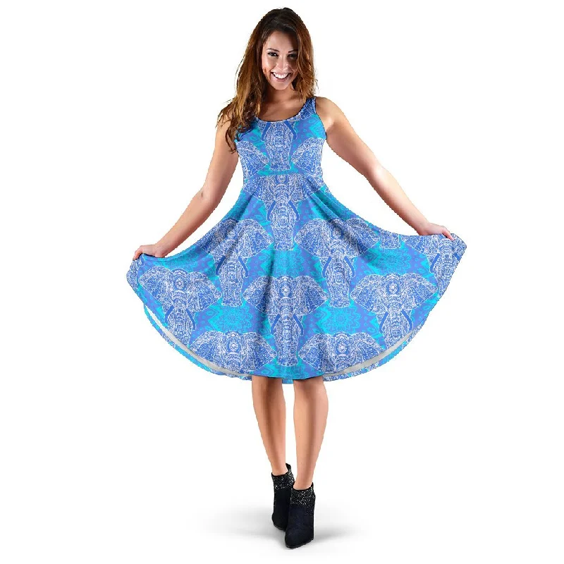 Blue Elephant Mandala Print Dress Shift Classic Vintage