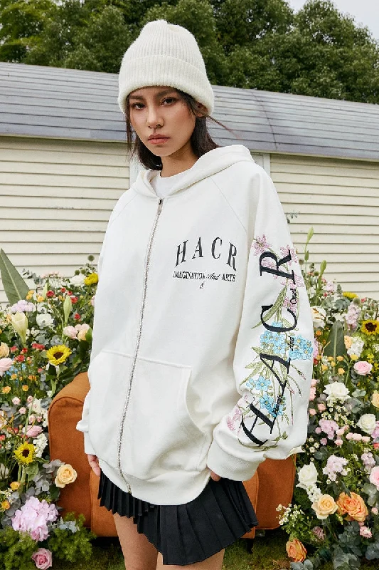 Floral Logo Sleeve Embroidered Zip Up Hoodie Hoodie with Slit Hem Functional Movement
