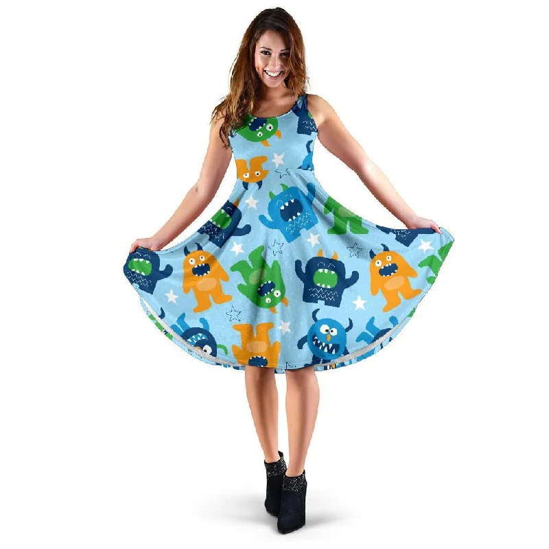 Cute Monster Print Pattern Dress Floral Print girly