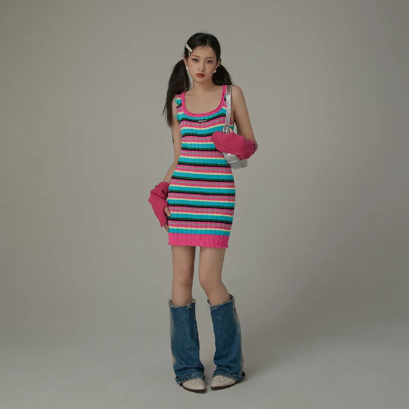 Rainbow Sleeveless Slim Dress Tunics Distressed trendy