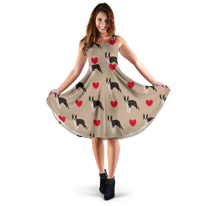 Boston Terrier Heart Paw Pattern Print Dress Tunics Chic elegant