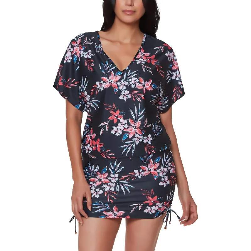Bar III Womens Tropical Escape Floral Print Dress Cover-Up Tunics Mesh breathable