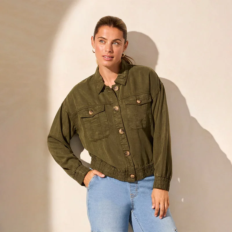 Casual Olive Jacket with Elastic Waist Zip Front Button Front Snap Front