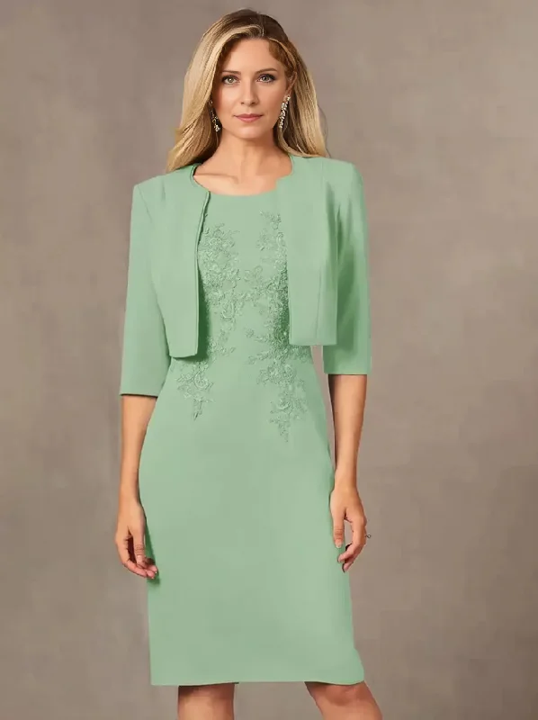 Two Piece Party Dress For Mother Of The Bride Jewel Neck Sleeveless Short Lace Knee-Length Wedding Guest Dresses Pencil Length Work