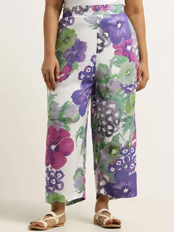 Diza Lilac Floral Printed Straight Pants Comfortable Denim Pants