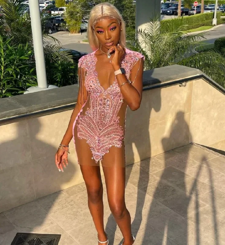 Pink Sexy Homecoming Dresses Luxury Rhinestone Beaded Tassel Decoration Prom Dresses African Girls Single Party Dresses Tunics Modern contemporary