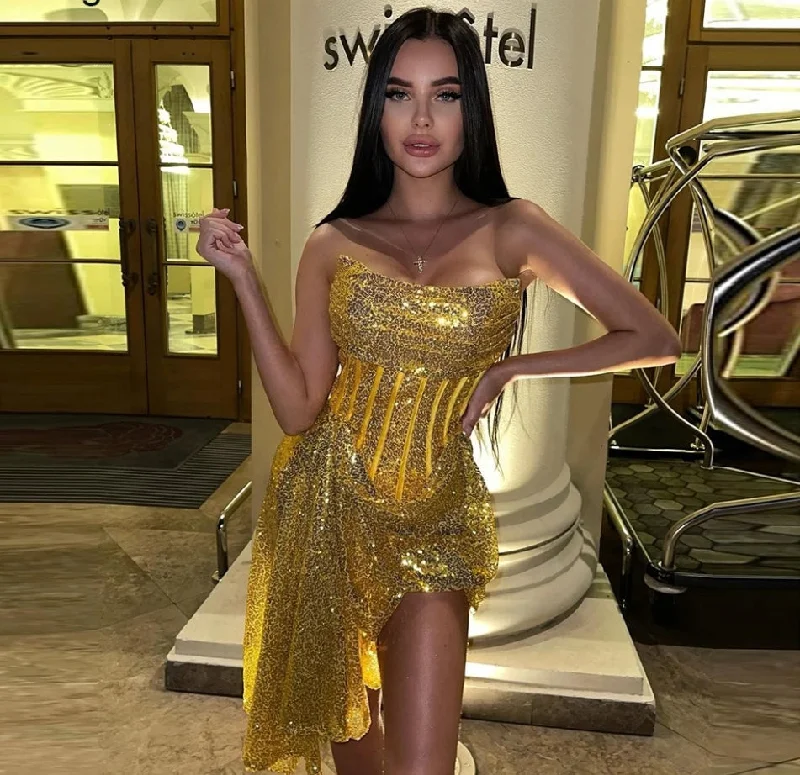 Sexy Mermaid Short Evening Dress Strapless Sleeveless Birthday Party Dress Sequin Glitter Formal Occasion Homecoming Gown Satin Halter Glamorous