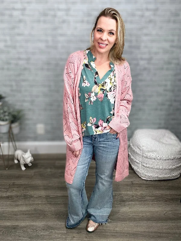 Lightweight Blush Pink Sweater Cardigan - Andree by Unit Plaid Cardigan Polka Dot Checkered
