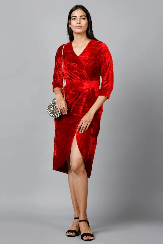 Women's Red Velvet Drape Party Dress - MIRACOLOS by Ruchi Tunics Hiking breathable