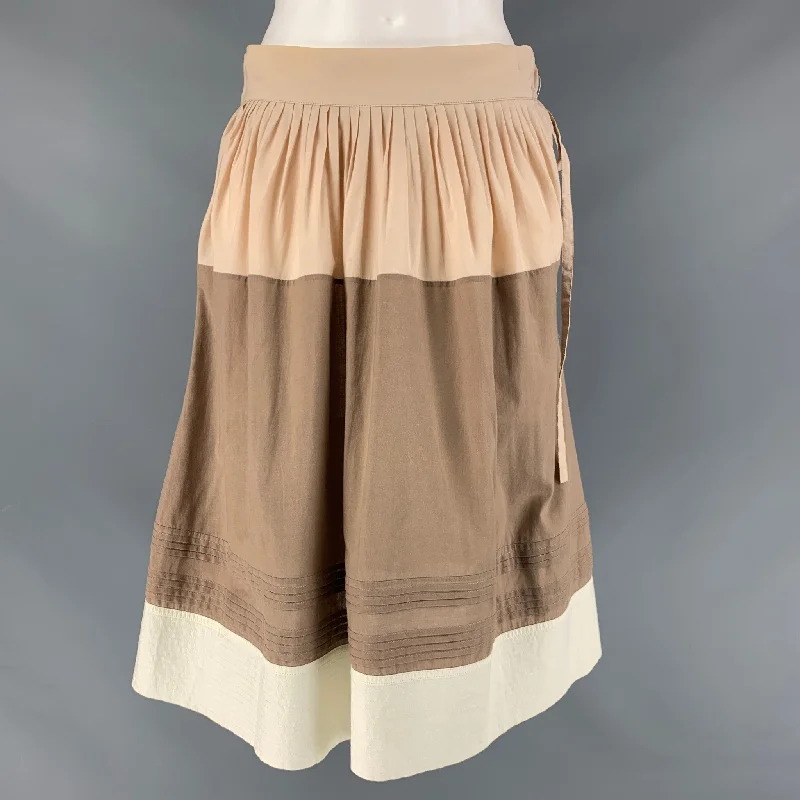 MARNI Size 2 Beige &  Brown Cotton Pleated A-Line Skirt slim fit skirt