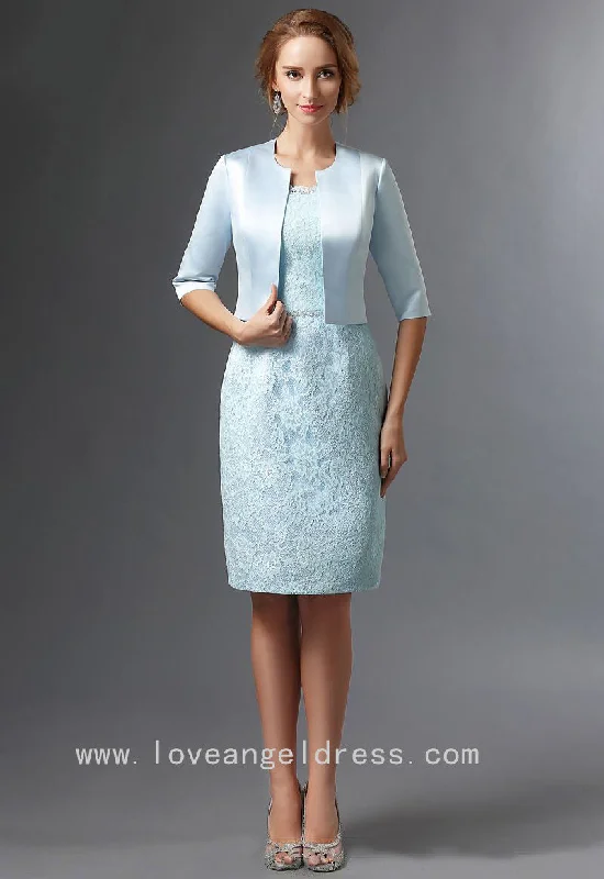 Knee Length Light Blue Lace Bride Mother Dress with Jacket Wool Jacket Cashmere Jacket Tweed Jacket