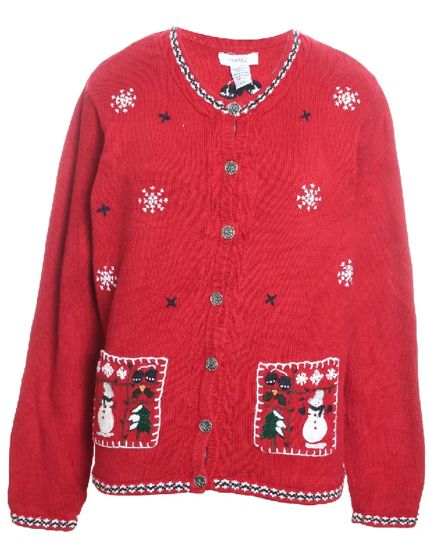 Snowman Design Red Embroidered Christmas Cardigan - M Solid Color Striped Floral Print