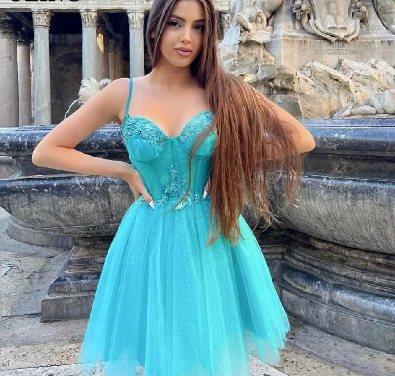 Sexy Short Mini Party Dresses Sweetheart Blue Spaghetti Straps Appliques Lace Homecoming Skirt Princess Prom Dress Summer Bodycon Fitted Nightout