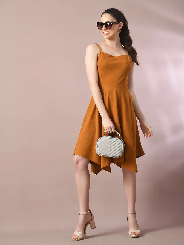 Women's  Mustard Solid Shoulder Straps Fit And Flare Party Dress  - Myshka Tunics Hiking breathable