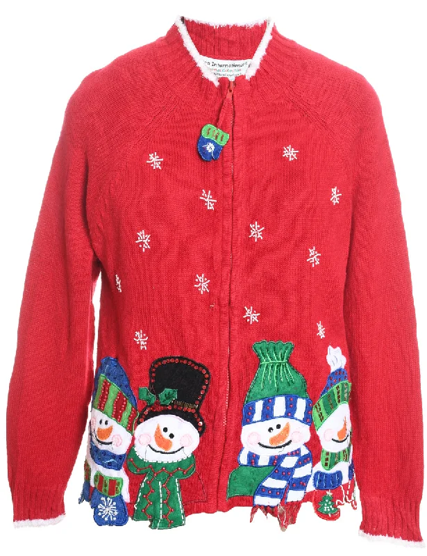 Snowman Christmas Cardigan - M Front Pockets Side Pockets Patch Pockets