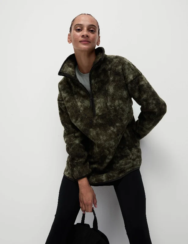 Borg Half Zip Longline Fleece Jacket - Khaki Mix Striped Jacket Polka Dot Jacket Floral Jacket