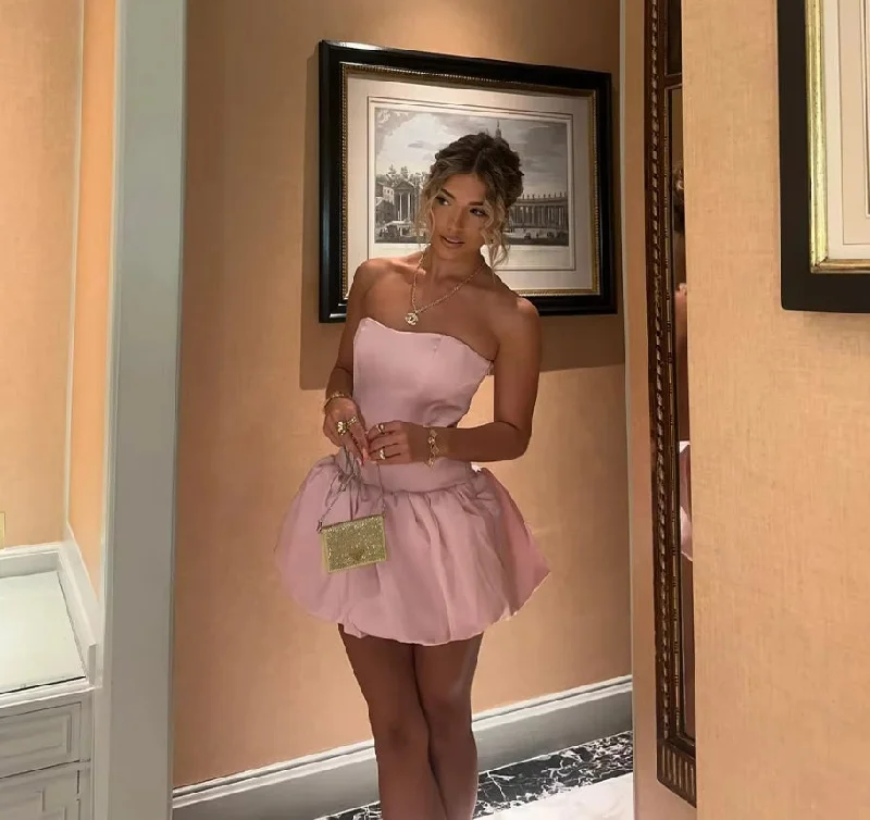 Pink A-Line Prom Dresses Strapless Sleevelss Satin Party Dress for Women Special Occasion Gowns Lace Up Cocktail Dress Tunics Review highly