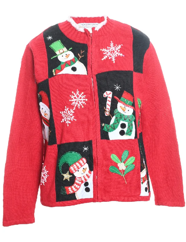 Snowman Design Black & Red Patchwork Embroidered Christmas Cardigan - M Fleece Fabric Down Fabric Feather Fabric