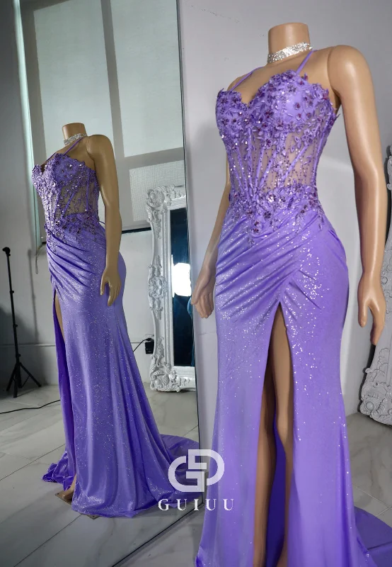 Lilac Spaghetti Straps Sweetheart Prom Dress with Slit Corset Party Dress Halter Neckline Beach