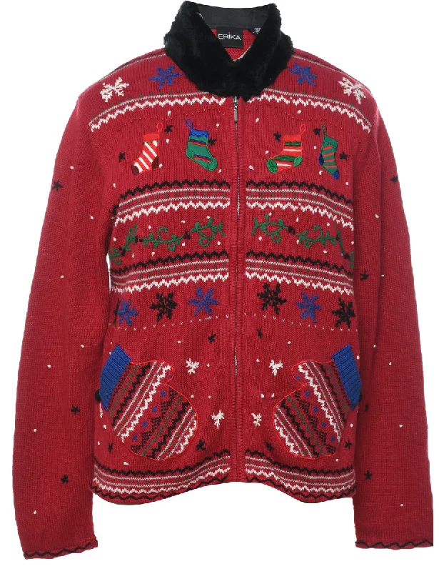 Red Christmas Cardigan - M Herringbone Houndstooth Plaid
