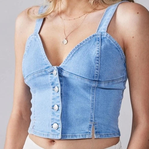 Women's Button Down Cropped Denim Tank Top in Light Blue turquoise tank top