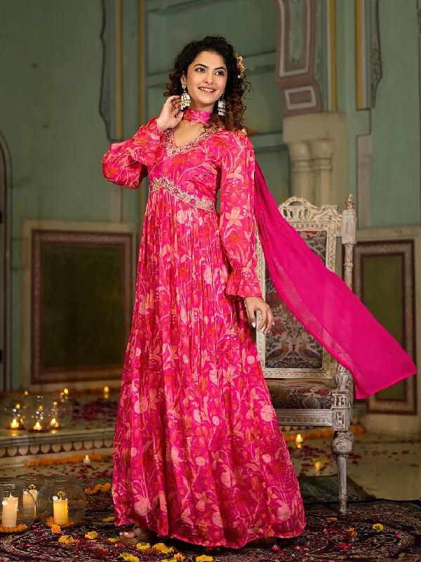 Rani Pink Digital Print Zardozi Work Chinon fabric Long Party Dress with Organza Dupatta Tunics Yoga stretchy