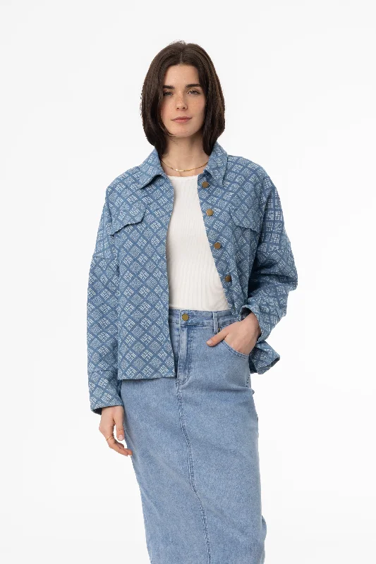 Blue Printed Denim Jacket Fleece Jacket Down Jacket Feather Jacket