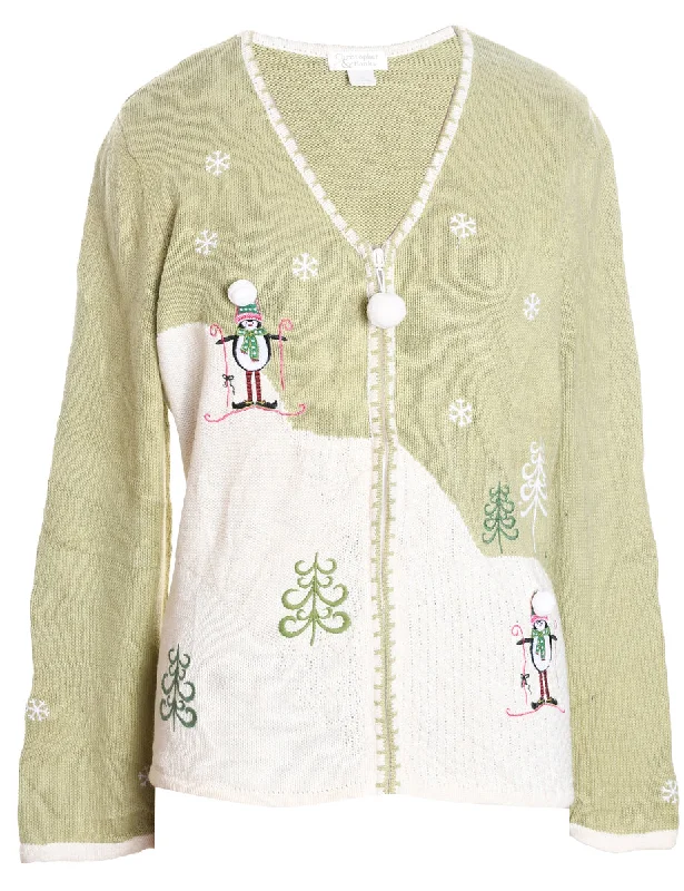 Festive Print Christmas Cardigan - XL Embroidered Appliqued Beaded