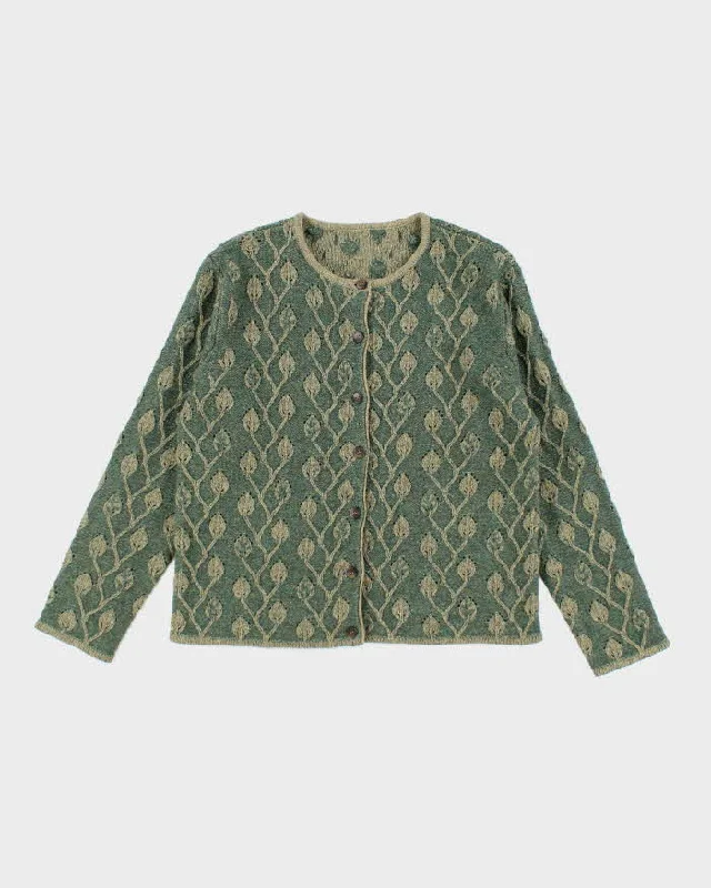 Vintage Green Wool Pattern Cardigan - XL Tailored Straight A-Line