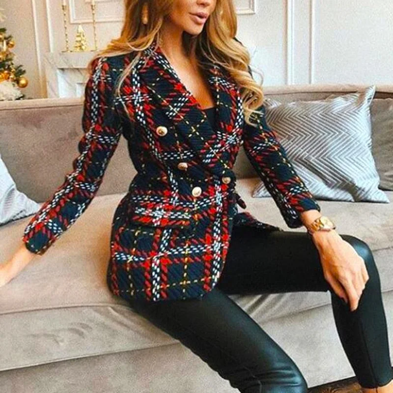 Red Plaid Blazer 2019 Women Spring-Autumn Vintage Tweed Suits Jackets Office Ladies Chic Slim Blazers Girls Tassel Tops Set Coat Striped Jacket Polka Dot Jacket Floral Jacket
