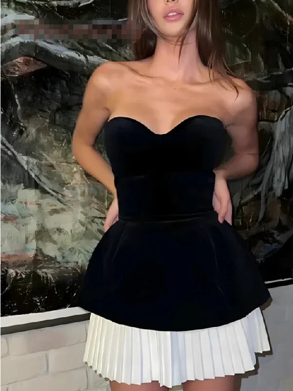 Black Simple Cocktail Dresses Sweetheart Sleeveless A-Line Mini Party Dress For Women Draped Sexy Prom Gown robes de soirée Tunics Corduroy durable