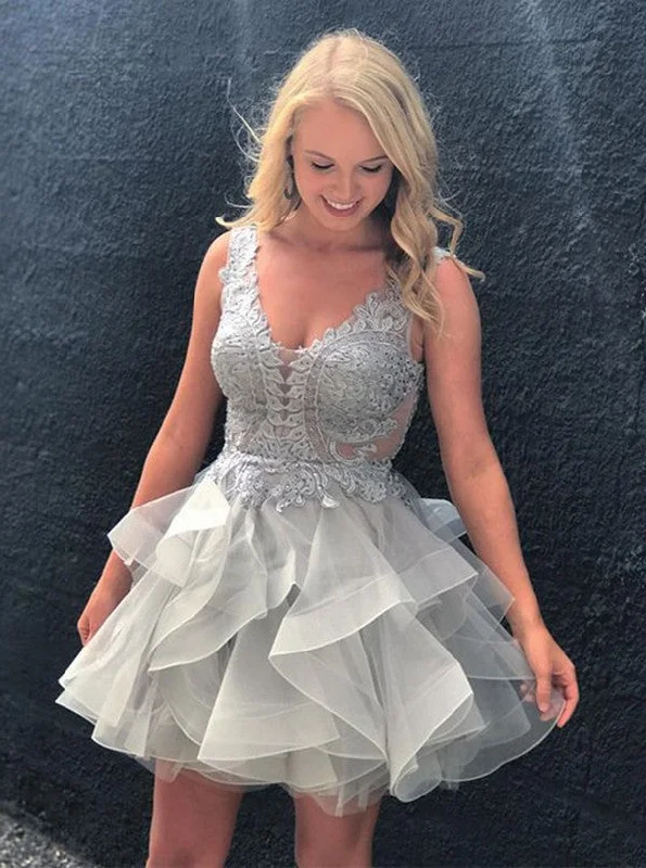 A-Line V-Neck Silver Appliques Layers Tulle Short/Mini Backless Party Dress OC128 Tunics Vintage classic