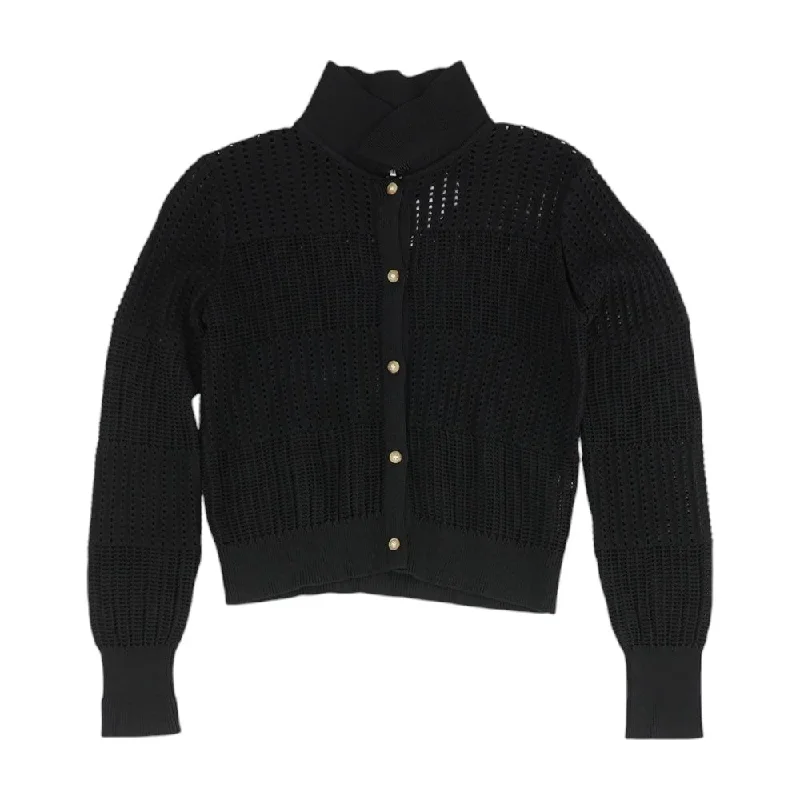 Black Solid Cardigan Sweater Welt Pockets Slit Pockets Flap Pockets